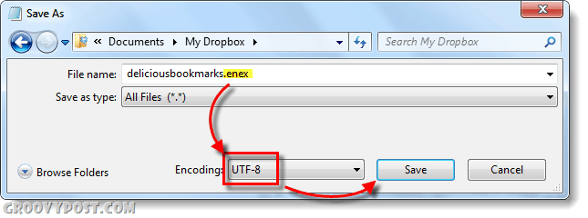 salva il file del blocco note come .enex con codifica utf-8
