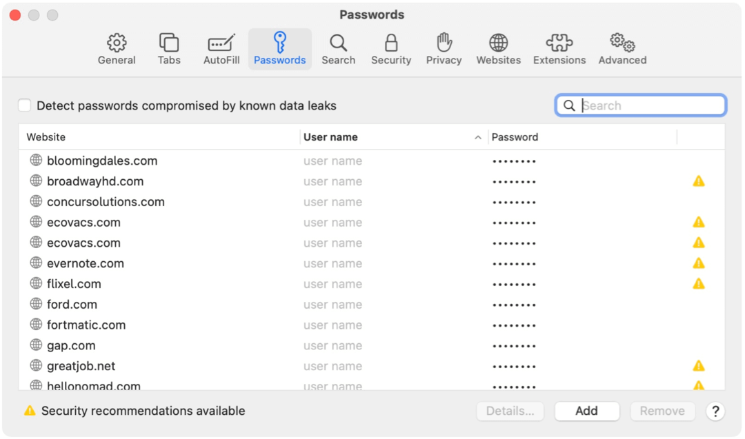Esempi di password per Safari per Mac