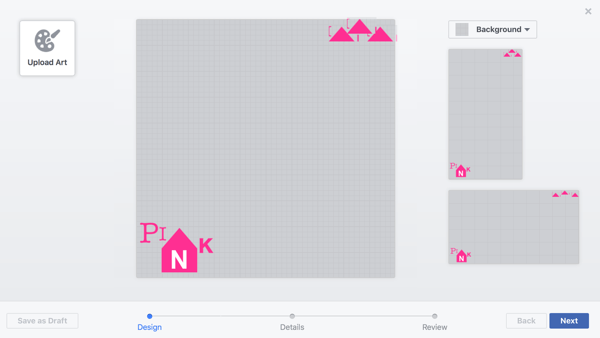Facebook ti consente di caricare più design su un singolo frame e posizionarli individualmente, il che è estremamente utile considerando i doppi layout.