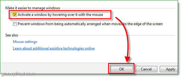 fai clic sulla casella di controllo accanto per attivare una finestra passandoci sopra con il mouse, tutto nuovo su Windows 7