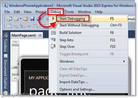 avviare il debug dell'applicazione del telefono Windows 7