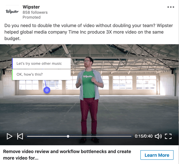 Come creare annunci basati sugli obiettivi di LinkedIn, esempio di annuncio video sponsorizzato da Wipster