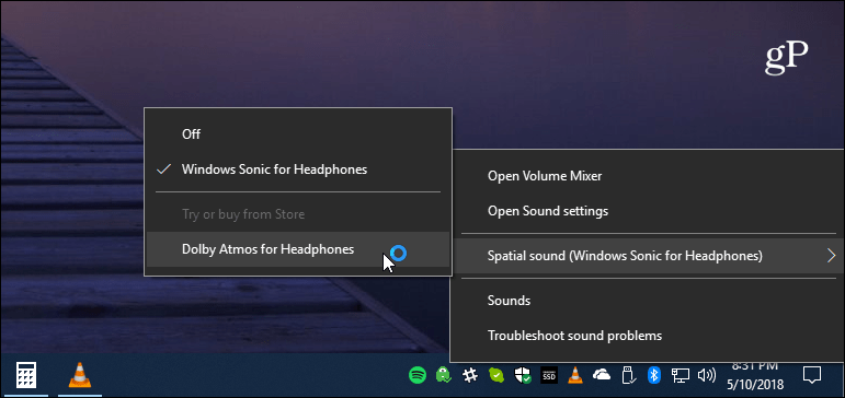 Impostazioni audio Barra delle applicazioni di Windows 10