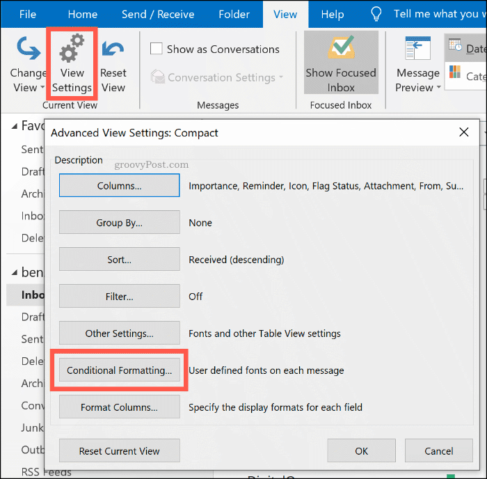 Il pulsante delle opzioni di formattazione condizionale in Microsoft Outlook