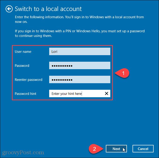 Immettere il nome utente e la password per il nuovo account locale