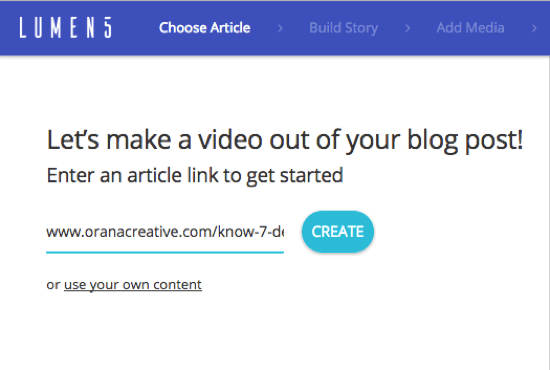 Aggiungi l'URL del post del blog da cui desideri creare un video Lumen5.