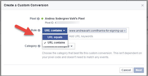 regola per l'URL delle conversioni personalizzate di Facebook
