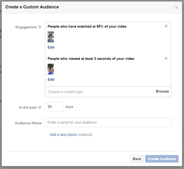 Crea un pubblico personalizzato di persone che hanno guardato diversi video sulla tua pagina aziendale di Facebook.