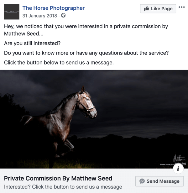 Come convertire i visitatori del sito Web con gli annunci di Facebook Messenger, passaggio 3, esempio di post di The Horse Photographer