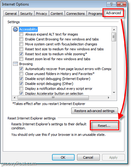 la scheda avanzata è dove si trova il pulsante di ripristino IE8 nelle opzioni