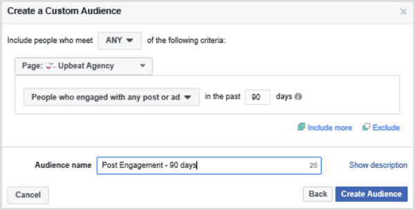 Scegli le opzioni per impostare un pubblico personalizzato di Facebook in base alle persone che hanno interagito con qualsiasi post o annuncio negli ultimi 90 giorni