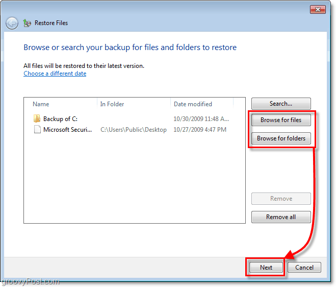 Backup di Windows 7: selezionare i file o le cartelle che si desidera ripristinare