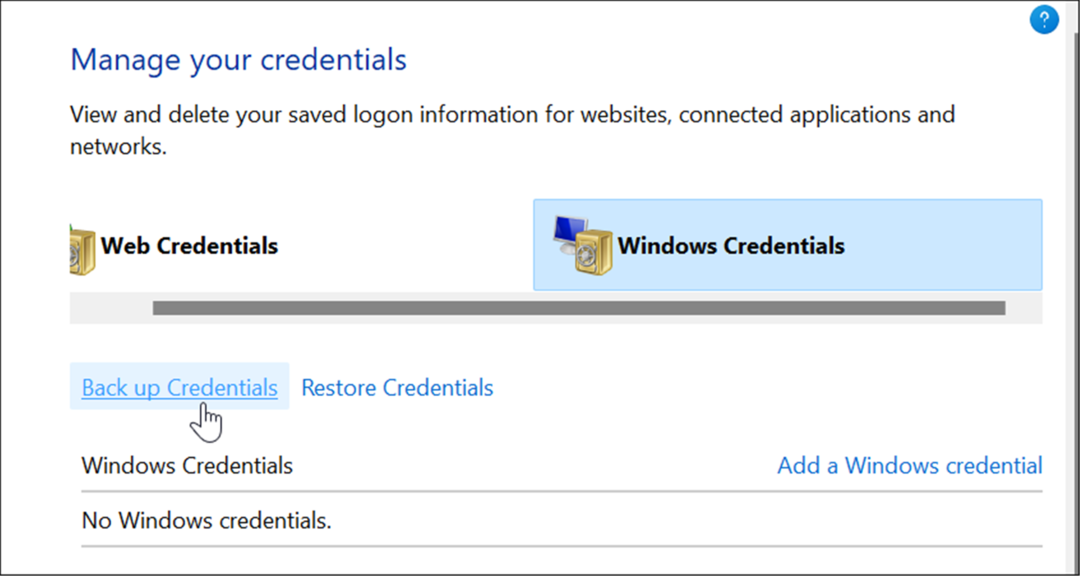 backup utilizzare gestione credenziali su Windows 11