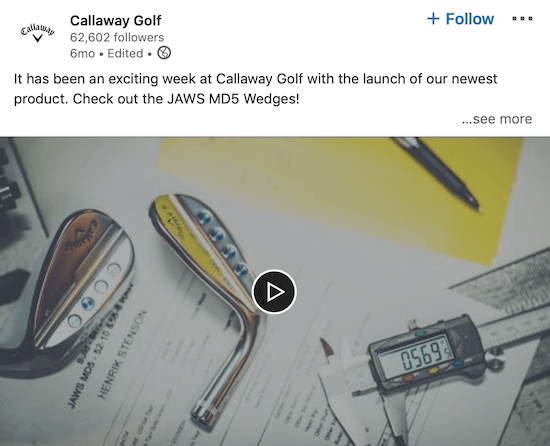 Callaway Golf LinkedIn video che annuncia il nuovo prodotto