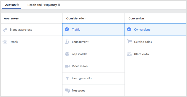 Scegli Traffico o Conversioni come obiettivo della tua campagna Facebook.