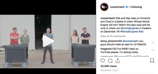 Esempio di coinvolgimento dei superfan di Rooster Teeth su Instagram.