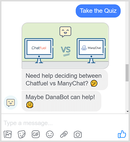 DanaBot offre un quiz per aiutare gli utenti a scegliere il prodotto giusto.