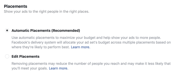 Opzioni di posizionamento per una campagna pubblicitaria principale di Facebook.