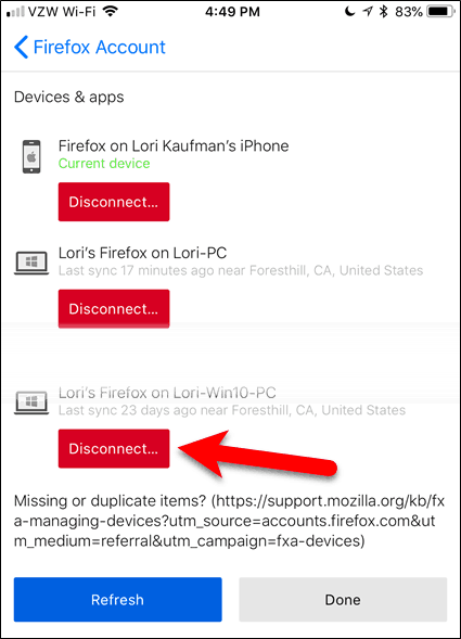 Disconnetti un dispositivo in Firefox per iOS