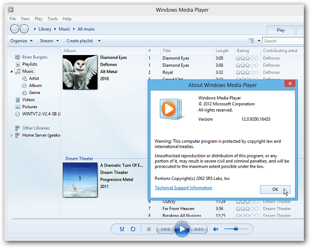 Windows Media Player sul desktop di Windows 8