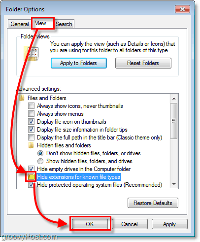 nella finestra di dialogo delle opzioni della cartella di Windows 7 fare clic sulla scheda Visualizza quindi deselezionare nascondi estensioni per i tipi di file noti