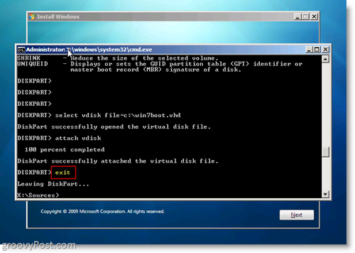 Windows 7 VHD nativo Installa prompt CMD uscita doppio avvio