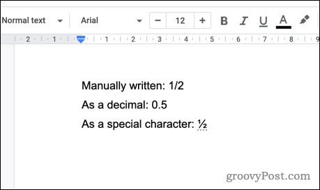 Un esempio di frazioni in Google Docs