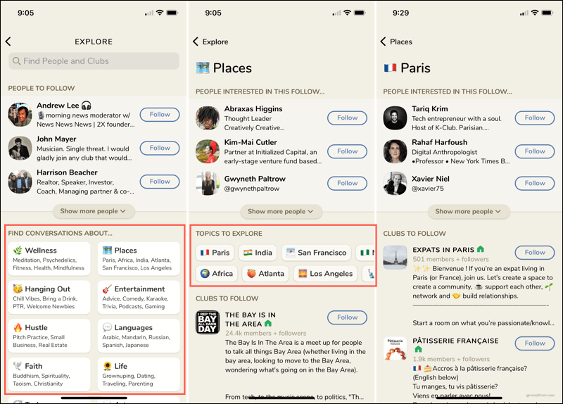 Esplora argomenti e utenti nell'app Clubhouse