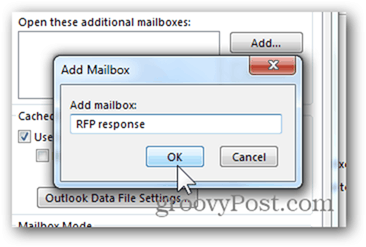 Aggiungi cassetta postale Outlook 2013 - Digitare il nome della cassetta postale Fare clic su OK