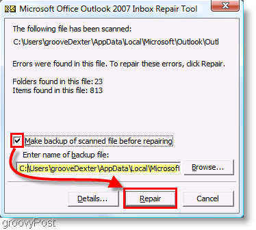 Schermata: menu di riparazione ScanPST di Outlook 2007
