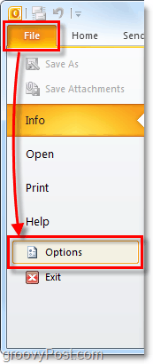 menu delle opzioni in Outlook 2010