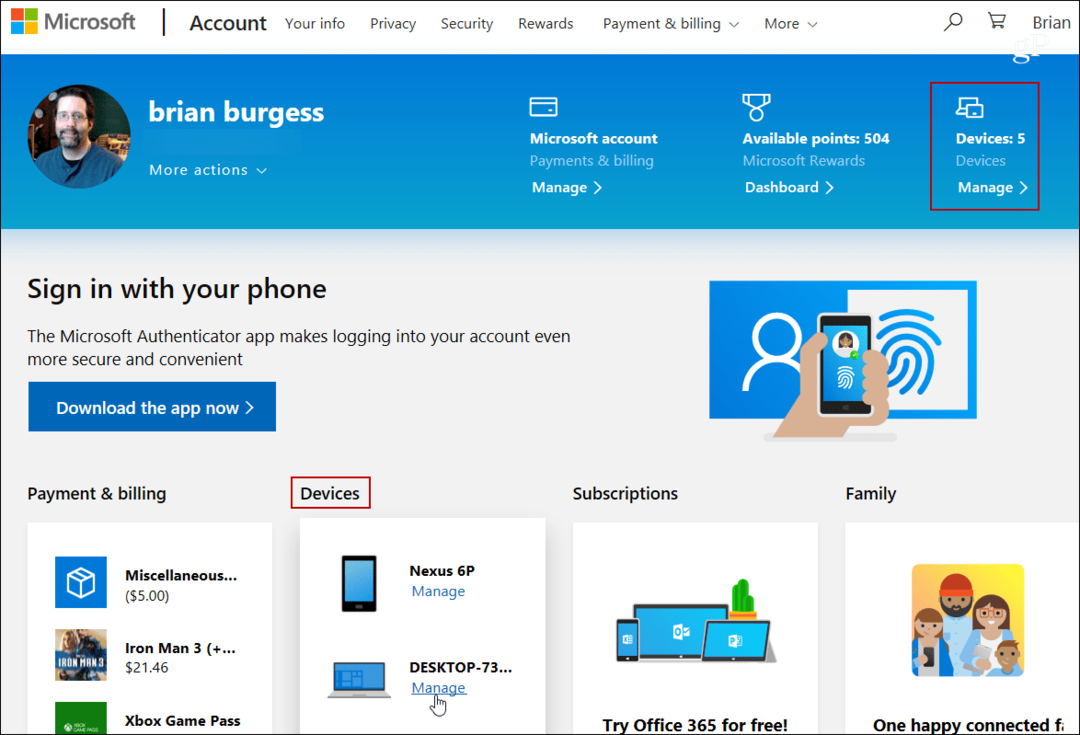 Dashboard dell'account Microsoft