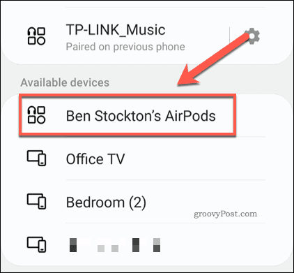 AirPods in un menu di scansione Bluetooth Android