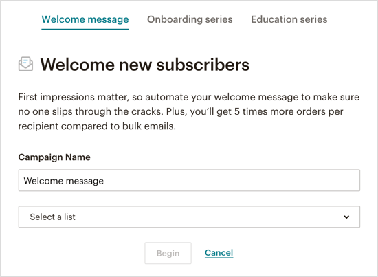 Seleziona il tipo di email di benvenuto automatizzato che desideri inviare tramite il bot di Messenger. 