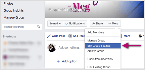 Fare clic sul menu Altro e selezionare Modifica impostazioni gruppo.