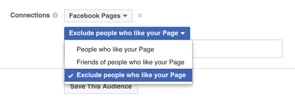opzione di targeting degli annunci di Facebook per escludere le persone a cui già piace una pagina