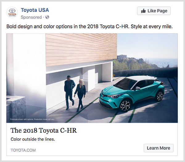 L'annuncio di coinvolgimento di Facebook di Toyota presenta Toyota C-HR turchese e ha un pulsante Ulteriori informazioni.