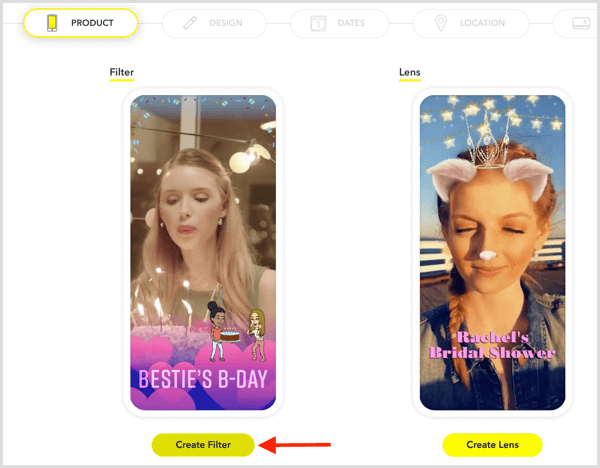 Fai clic su Crea filtro per impostare un geofiltro Snapchat per il tuo evento.