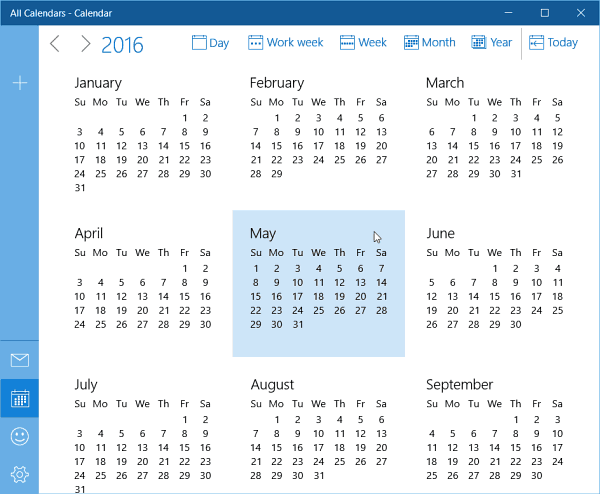 Aggiornamento della vista per l'intero anno del calendario di Windows 10