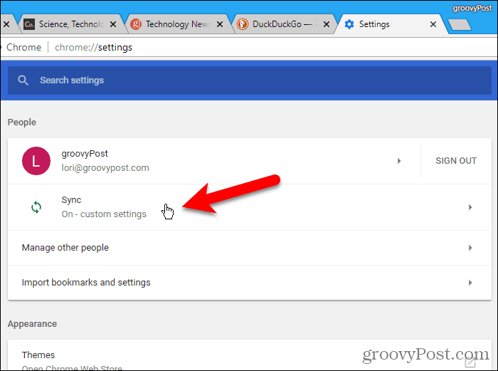 Fai clic su Sincronizza nella schermata Impostazioni di Chrome in Windows