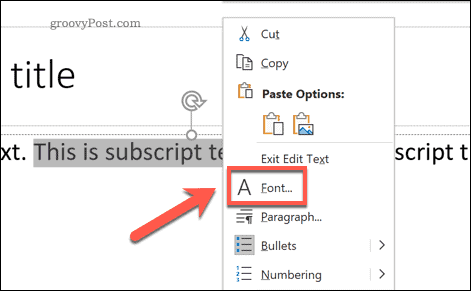 Accesso al menu delle opzioni dei caratteri in PowerPoint su Windows tramite il menu delle opzioni a comparsa