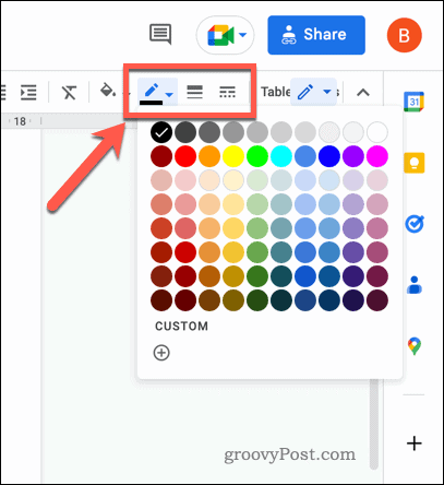 Icone della barra degli strumenti del bordo della tabella di Google Documenti