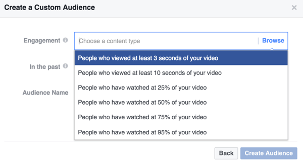 Seleziona i criteri di coinvolgimento per il tuo pubblico di video personalizzati di Facebook.