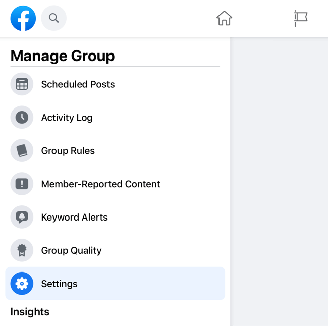 screenshot del menu di gestione del gruppo di Facebook con l'opzione delle impostazioni evidenziata