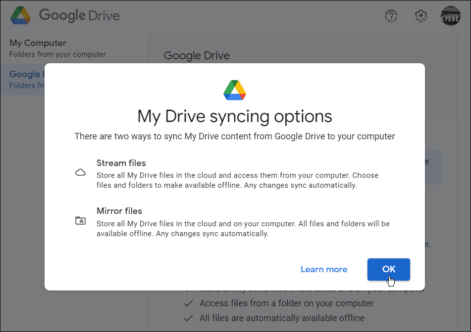 Impostazioni di sincronizzazione di Google Drive