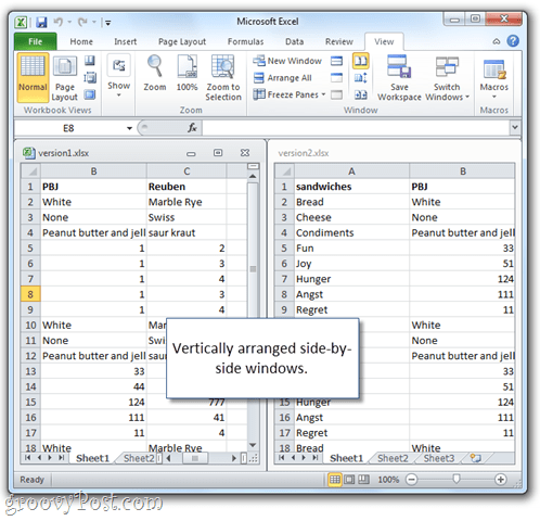 foglio di calcolo di Microsoft Excel uno accanto all'altro