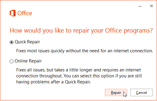 Riparazione online di Office 365