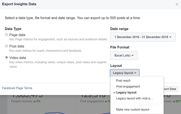 Quando esporti il ​​tuo file di dati video di Facebook, devi scegliere quale layout scaricare.