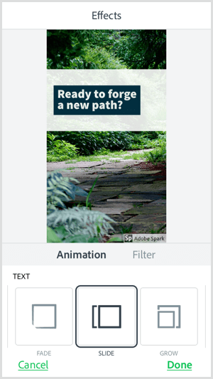 Seleziona un'opzione di animazione del testo con l'app mobile Adobe Spark Post.