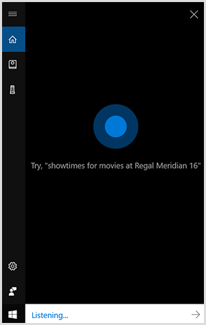 Cortana, l'interfaccia di conversazione di Windows, è un riquadro nero verticale con un punto blu al centro. Un campo bianco in basso indica che un dispositivo Windows è in ascolto.